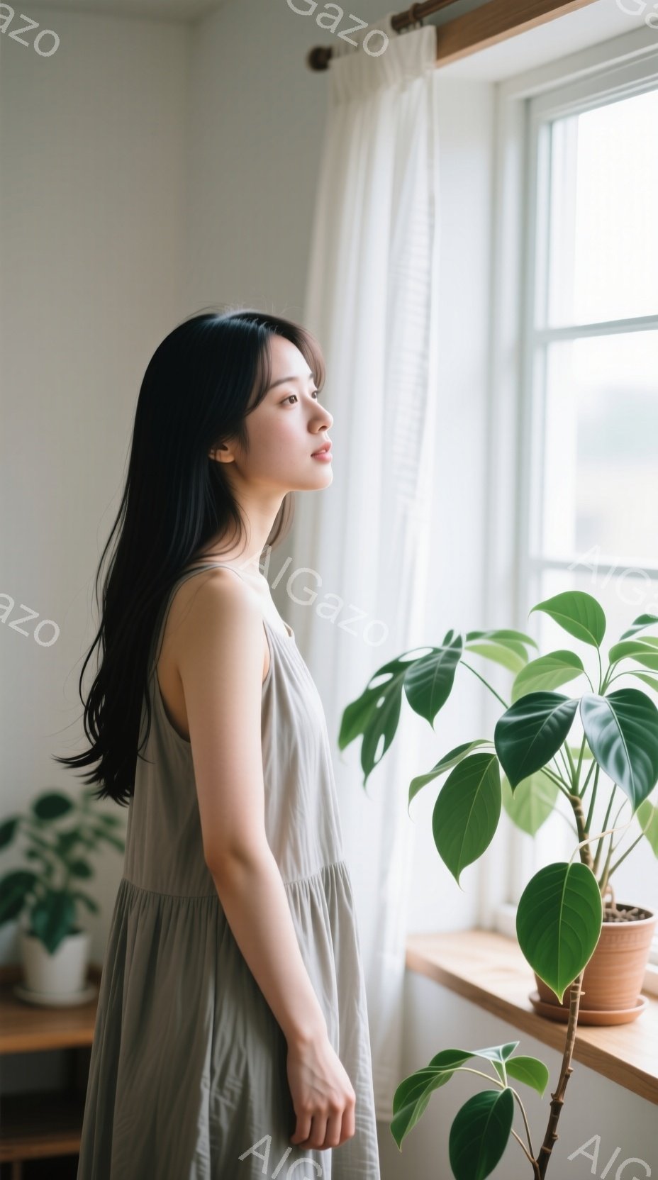 長い黒髪をなびかせ、薄い灰色のキャミソールワンピースを着た女性が、窓の外を物憂げに見つめている。彼女は横を向いており、少し首を傾げた表情は、どこか物静かで内省的な雰囲気を醸し出している。窓辺には緑豊かな植物が置かれ、柔らかい光が差し込む室内は、穏やかでリラックスした空気を感じさせる。