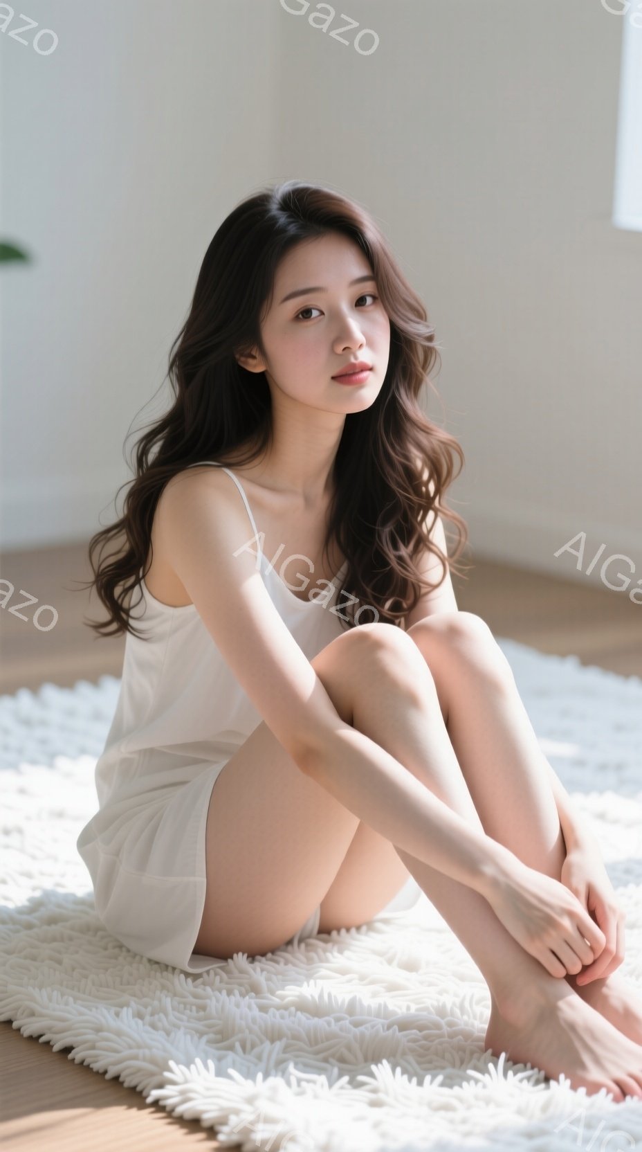 長い巻き髪の女性が白いカーディガンとショートパンツを着て、ふわふわの白いラグの上に座っています。彼女は優雅な姿勢で足を組み、穏やかな表情でカメラを見つめています。背景は薄暗く、部屋の自然光が彼女を照らし、リラックスした雰囲気を醸し出しています。