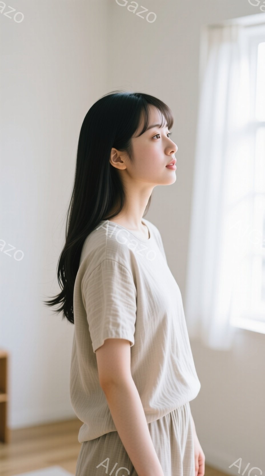 柔らかいベージュ色のトップスとパンツを身につけた若い女性が、窓の光を浴びて横を向いています。彼女は肩までの長さの黒髪で、穏やかな表情で遠くを見つめており、リラックスした雰囲気を醸し出しています。背景はシンプルな室内で、光が差し込む窓と木製の床が暖かさを添えています。