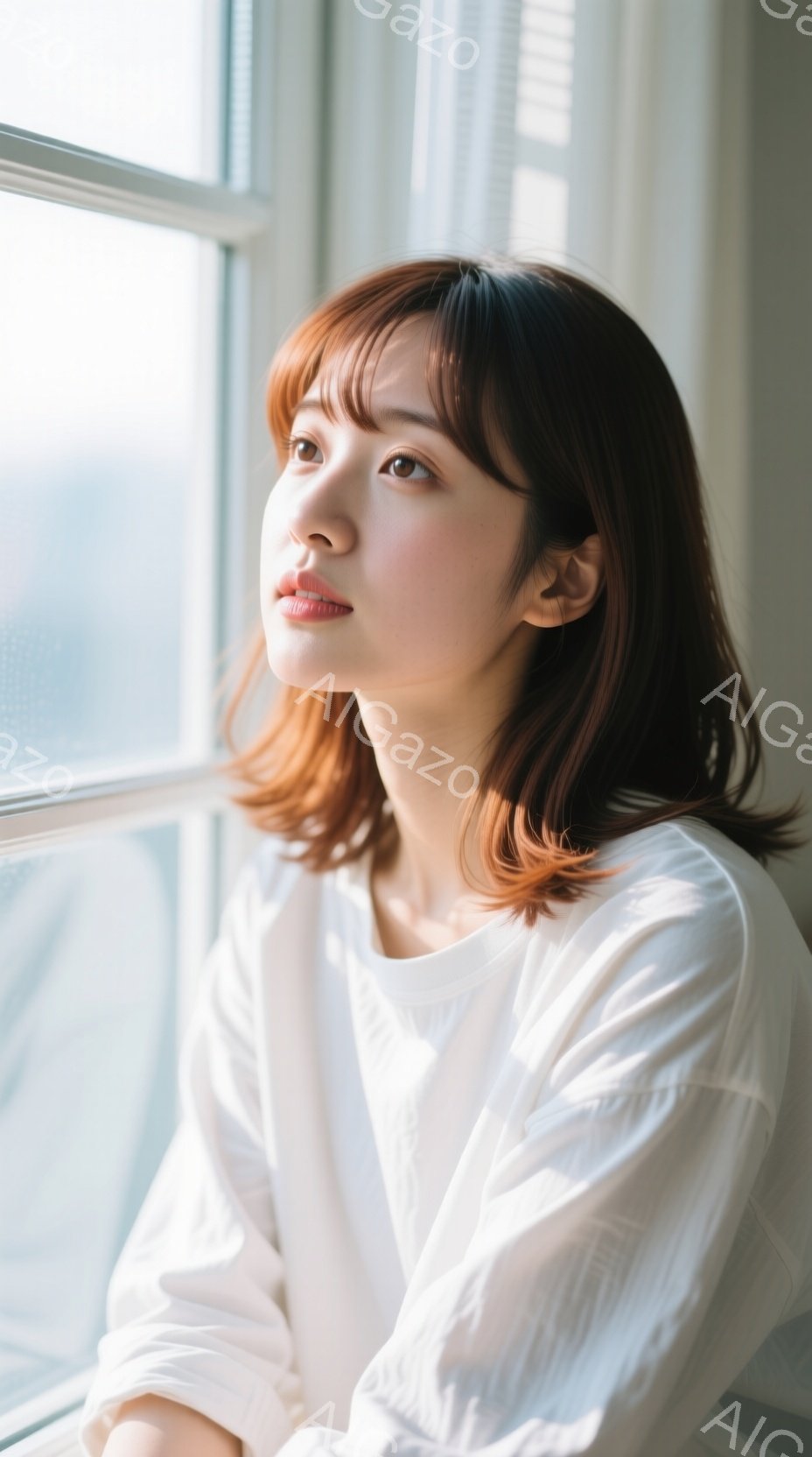 明るい窓辺に立つ女性は、白い長袖シャツを着ており、オレンジがかった茶色のゆるふわヘアスタイルに整えられています。彼女はわずかに微笑み、遠くを見つめるような穏やかな表情をしています。背景にはぼやけた都市の風景が広がり、全体的に柔らかく、静かで、希望に満ちた雰囲気です。