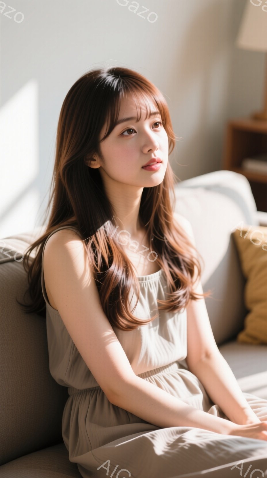 明るい室内で、ベージュ色のノースリーブワンピースを着た若い女性がソファに座っています。彼女は肩までの長さの茶髪で、軽くカールがかかっています。少し微笑んで、遠くを見つめており、リラックスした穏やかな雰囲気が漂っています。