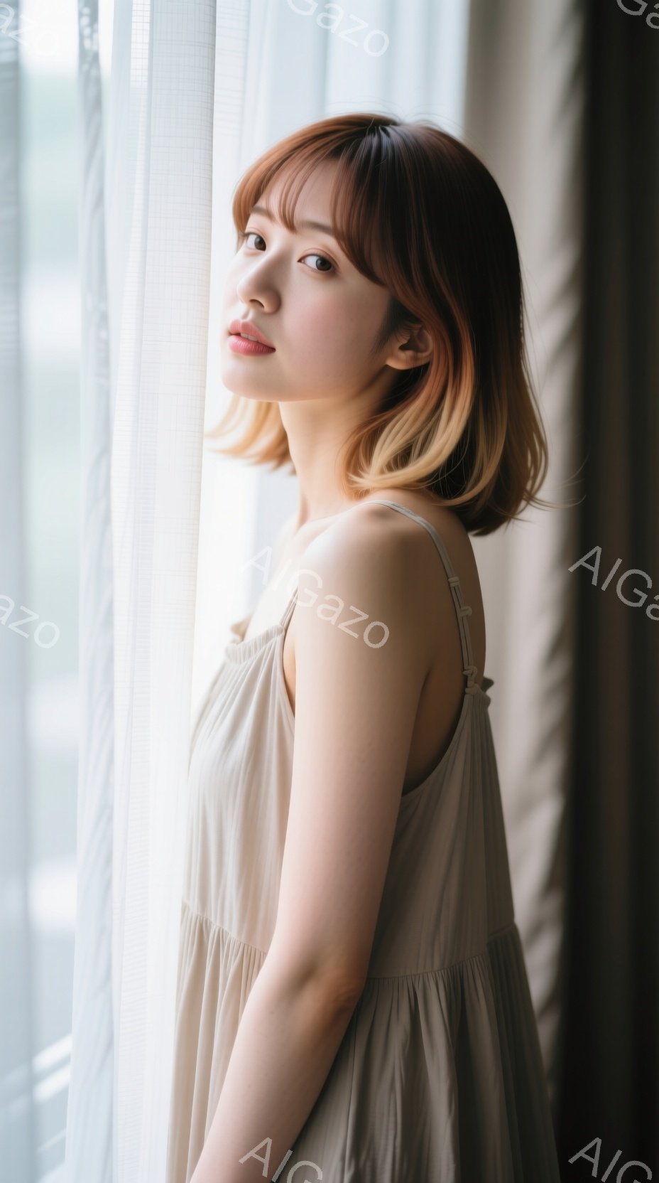 明るい茶色の髪に前髪だけ少し長めの女性が、ベージュ色のキャミソールワンピースを着て、窓辺に立っている。彼女はやや横を向き、微笑みを浮かべ、リラックスした姿勢で光が差し込む穏やかな雰囲気を醸し出している。背景はぼやけており、窓の外の景色がわずかに見えるが、全体的に柔らかく優しい印象を与える写真である。