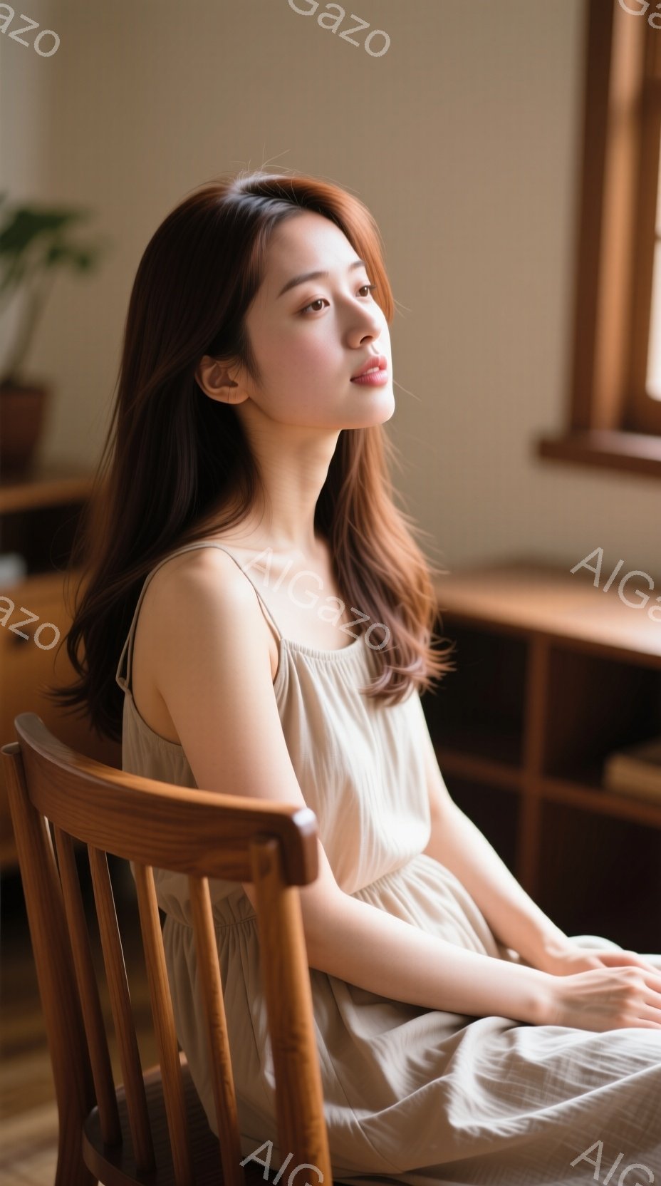 柔らかい光の中で、ベージュ色のストラップレスのワンピースを着た女性が椅子に座っています。彼女は長い茶色の髪を持ち、少し上を見つめて穏やかな表情をしています。背景には木製の棚や窓が見え、全体的に暖かく落ち着いた雰囲気です。