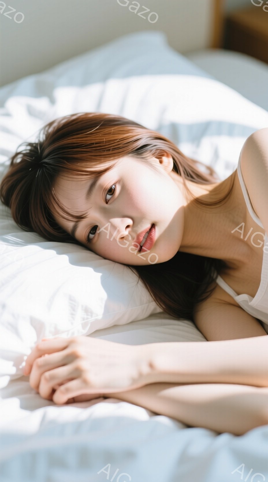 長いダークブラウンの髪を散らし、白いキャミソールを着た女性がベッドに横たわっています。彼女は穏やかな表情でカメラを見つめており、片手を顔の下に添えています。背景は白く、柔らかい光が差し込み、リラックスした穏やかな雰囲気を醸し出しています。