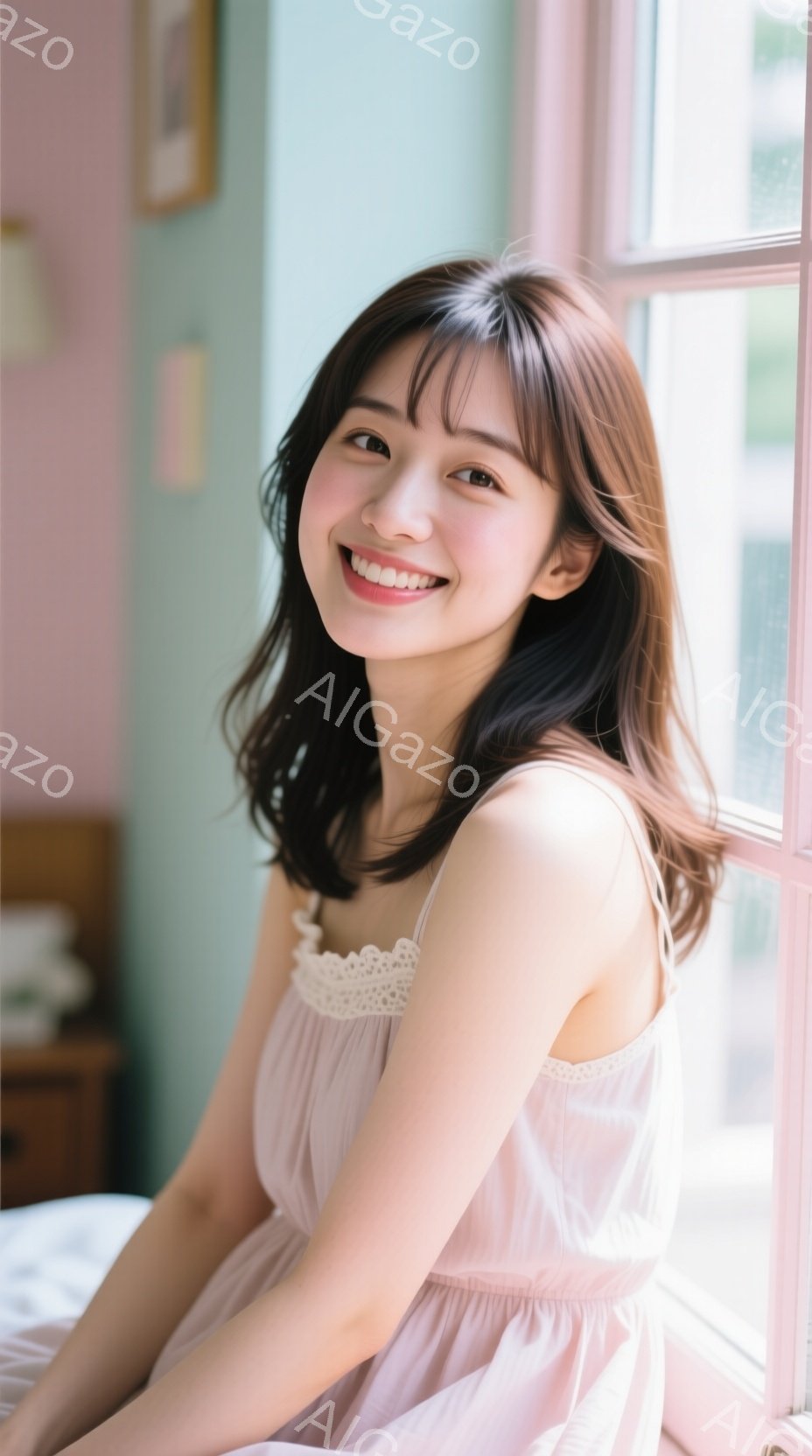 長い茶色の髪をセンターパートにした若い女性が、窓辺に座って微笑んでいます。彼女は、レースの縁取りが施された淡いピンク色のワンピースを着ており、リラックスした姿勢で穏やかな表情を浮かべています。背景には木製の家具が見え、明るく柔らかい光が室内に差し込み、全体的に温かみのある雰囲気です。