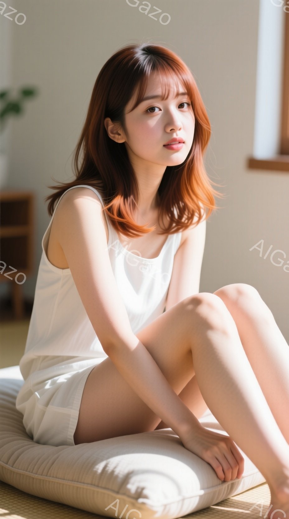 明るい髪の女性が畳の上に座っています。白いキャミソールと短いパンツを身につけ、リラックスした表情でこちらを見ています。背景にはぼやけた家具が見え、部屋全体が柔らかく温かい雰囲気です。