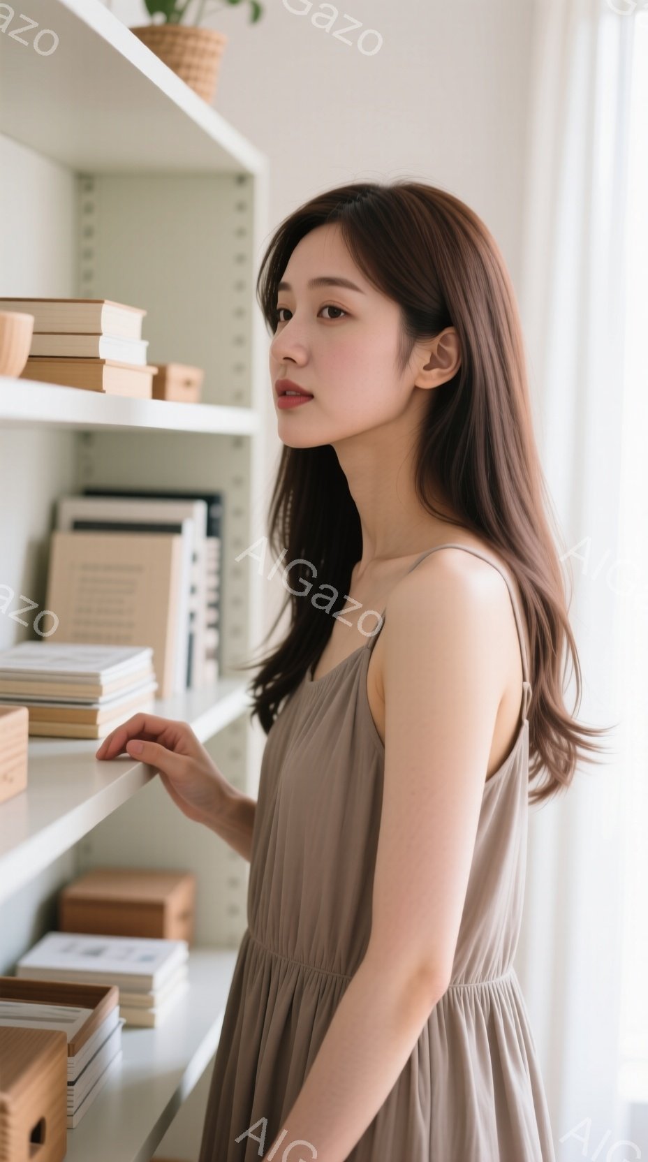 彼女はベージュ色のキャミソールワンピースを着ており、長い茶髪を肩にかけている。彼女は棚に並んだ本に手を伸ばし、少し横を向いた表情で、穏やかでリラックスした雰囲気を醸し出している。背景には白い本棚と緑の植物が配置され、全体的に温かく、落ち着いた雰囲気である。