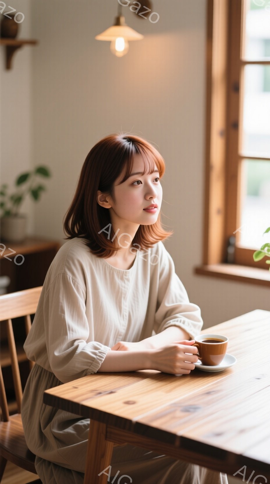 明るい窓辺で、茶色の髪の女性がゆったりとしたベージュのワンピースを着ています。彼女はテーブルに肘をつき、何か考え事をしているような、穏やかな表情をしています。背景には木製の家具と、柔らかい光が差し込む窓があり、温かくリラックスした雰囲気が漂っています。