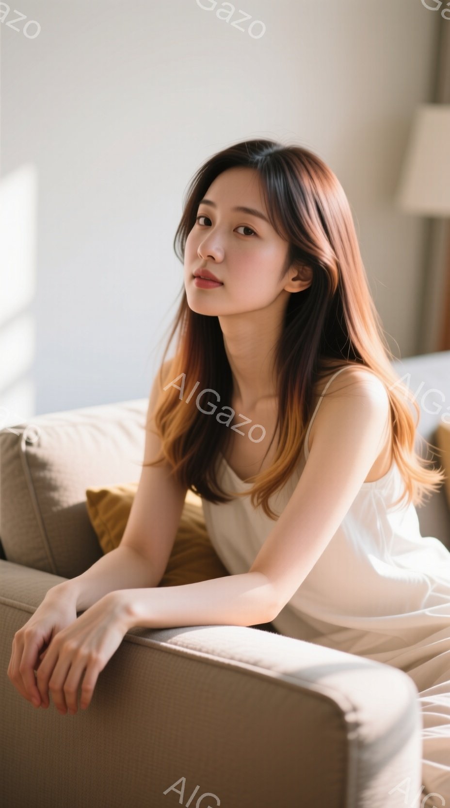 明るい色のソファに座る女性が写っています。彼女は肩出しの白いトップスを着ており、明るい茶色のロングヘアは自然に肩にかかっています。穏やかな笑顔を浮かべ、リラックスした雰囲気が漂っています。