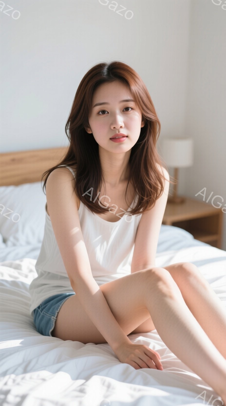 若い女性が白いベッドに座っており、白いタンクトップとデニムのショートパンツを着ています。彼女は長い茶色の髪を肩にかかっており、穏やかな表情でカメラを見つめています。背景には木製のナイトスタンドとランプがあり、全体的に穏やかでリラックスした雰囲気です。