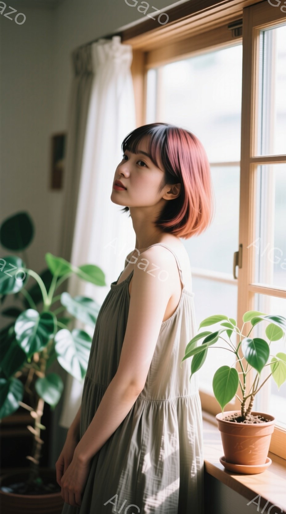 モデルは、肩出しの淡い緑色のワンピースを着て、窓辺に立っています。彼女は赤みがかった茶色の短い髪をしており、少し横を向いて、優雅な表情を浮かべています。背景には植物が置かれ、柔らかい光が差し込み、穏やかでリラックスした雰囲気を醸し出しています。