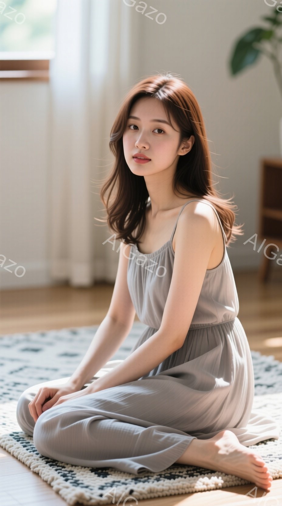 浅いグレーのキャミソールワンピースを着た若い女性が、床に座って足を組んでいます。彼女は長い茶色の髪を無造作に垂らし、穏やかな微笑みを浮かべています。背景には木製の床と、わずかに見える植物があり、全体的に柔らかくリラックスした雰囲気が漂っています。