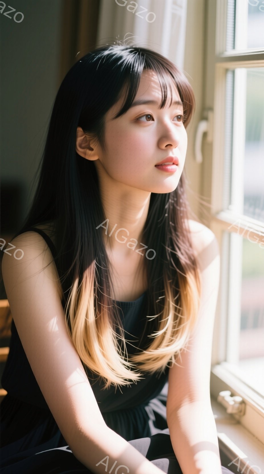 明るい窓辺に座る女性は、黒から金色のグラデーションのかかった長い髪をしています。彼女は黒いワンピースを着ており、少し口を開けて遠くを見つめる表情は穏やかで、どこか物憂げです。背景にはぼんやりと見える窓枠と、柔らかな光が差し込む様子が確認でき、全体的に優しい雰囲気を醸し出しています。
