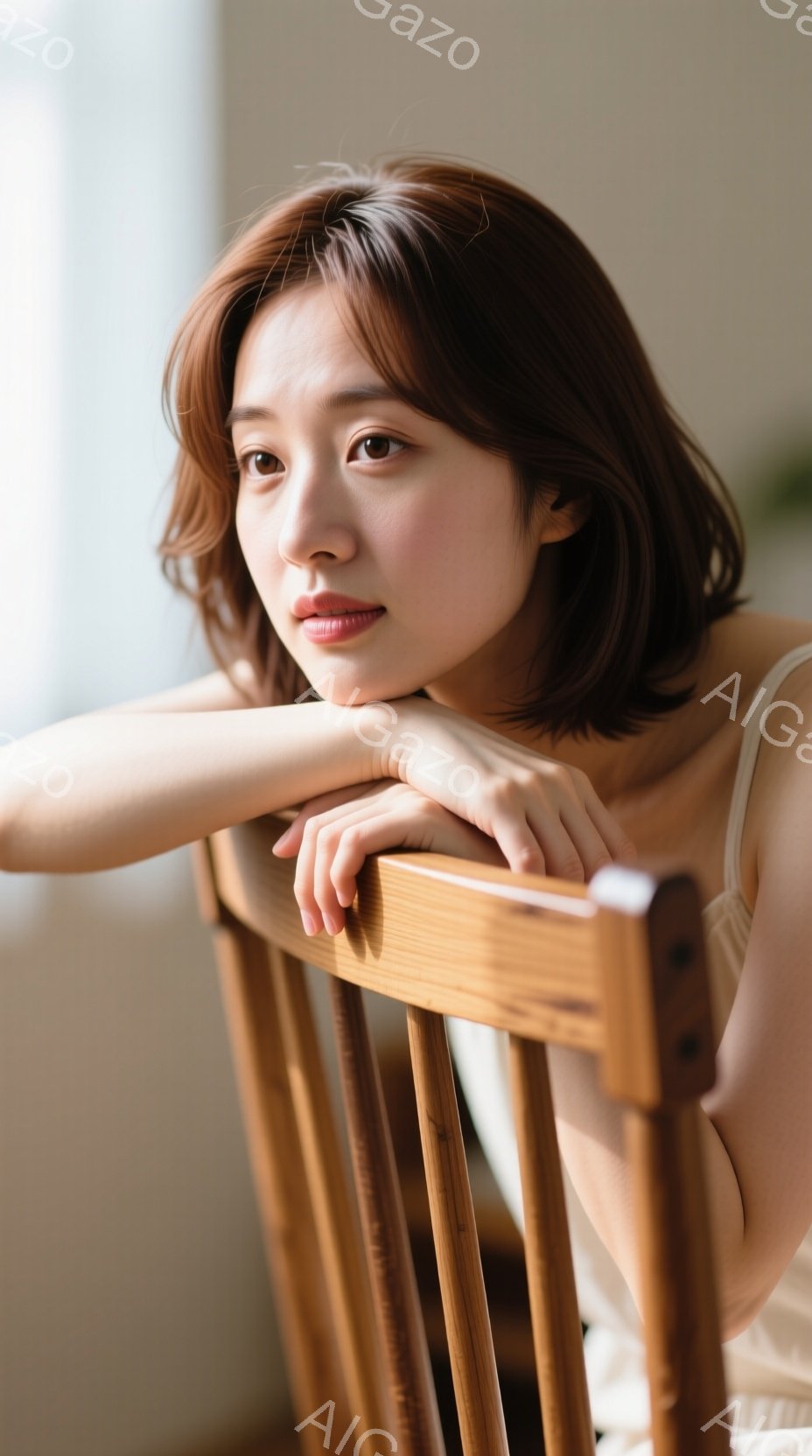 光沢のある木製の椅子に肘をつき、女性がこちらを見つめています。彼女は肩出しの白いトップスを着ており、ゆるやかなウェーブのかかった茶色の髪が印象的です。背景はぼやけていますが、柔らかな光が差し込み、穏やかでリラックスした雰囲気を醸し出しています。