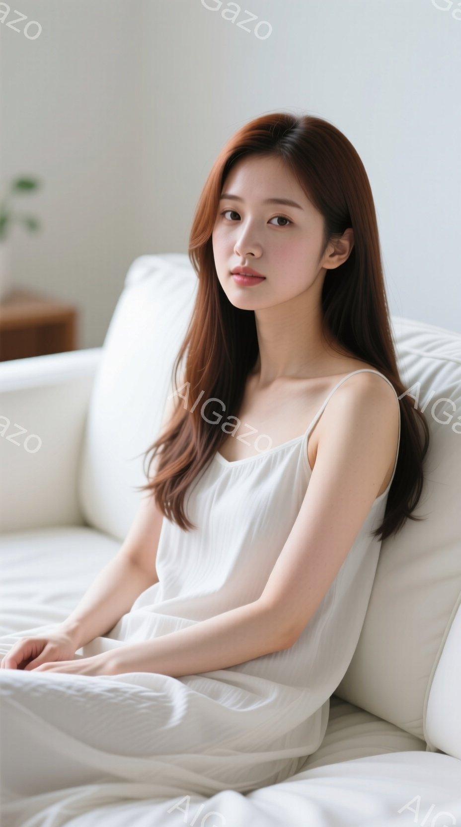 長い茶色の髪をセンターパートにした若い女性が白いソファに座っています。シンプルな白いキャミソールドレスを着ており、穏やかな微笑みを浮かべています。背景は白を基調としたシンプルな部屋で、全体的に穏やかで落ち着いた雰囲気が漂っています。