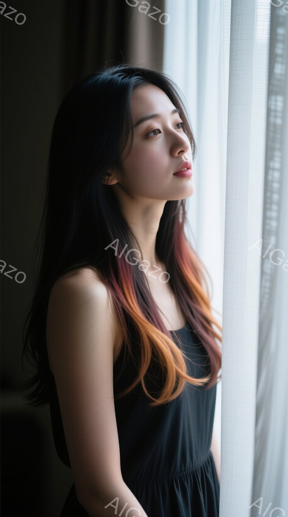 長い黒髪にオレンジと赤のグラデーションが入った女性が、黒いキャミソールワンピースを着て窓辺に立っている。彼女は少し上目遣いで遠くを見つめ、物憂げな表情を浮かべている。背景にはぼんやりとした光が差し込み、全体的に柔らかく、内省的な雰囲気を醸し出している。