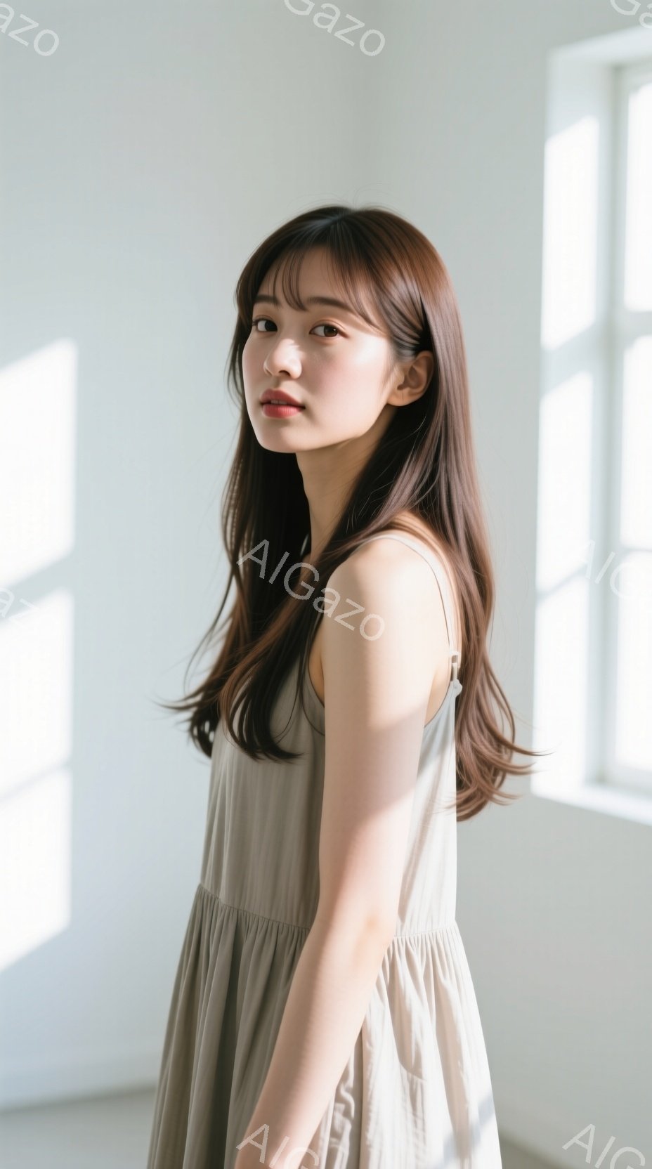 長い茶髪の女性が、ベージュのキャミソールワンピースを着て、窓の光が差し込む部屋でポーズをとっています。彼女は少し微笑んでおり、リラックスした表情で、やや横向きに立っています。背景は白い壁で、光と影のコントラストが美しく、全体的に穏やかで柔らかな雰囲気です。