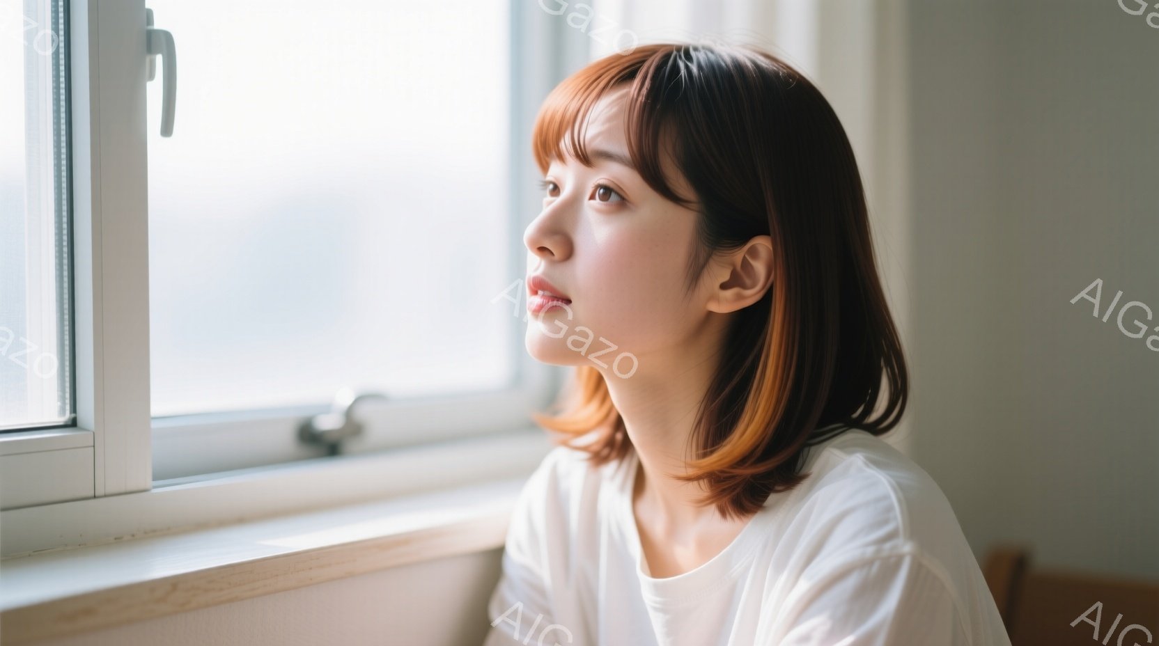 オレンジ色の髪をした若い女性が、白いTシャツを着て窓の外を見つめている。彼女は少し憂いを帯びた表情で、横顔が美しく、穏やかな光が彼女を照らしている。背景は白く、窓の外にはぼんやりと光が見える、静かで落 - AI生成フリー素材