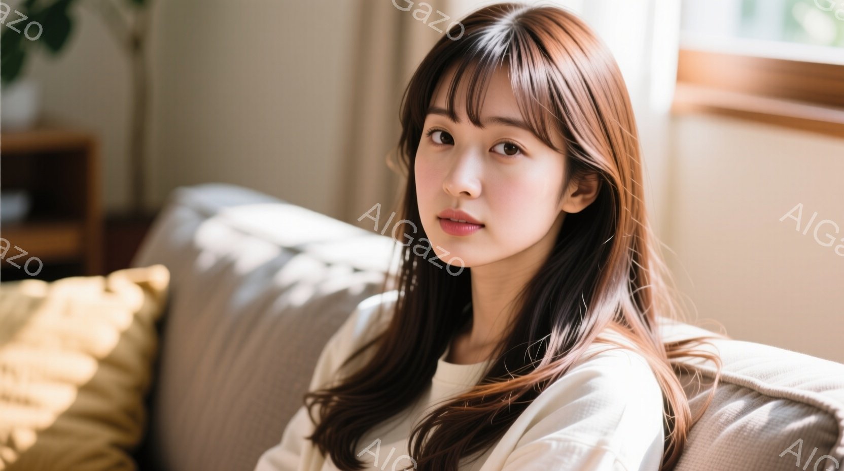 明るい光の中で、茶髪の女性がソファに座っています。白いセーターを着ており、少し微笑んだ表情でカメラを見つめています。背景には木製の棚が見え、全体的に穏やかで温かい雰囲気が漂っています。