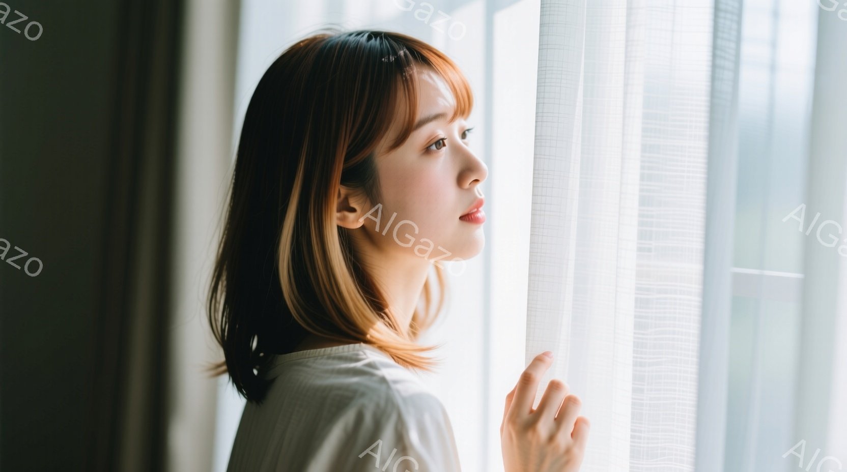 明るい茶髪の女性が窓辺に立っており、少し横を向いて遠くを見つめている。白いシンプルなトップスを着ており、穏やかで物思いにふける表情をしている。背景はぼやけた光のカーテンで、室内から差し込む光が柔らかく彼女を照らしている。