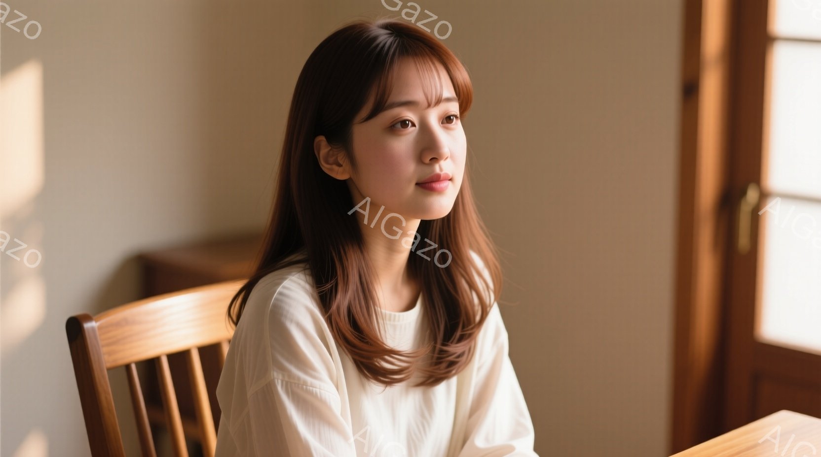 明るい色の椅子に座った若い女性が写っている。彼女は明るいベージュ色のブラウスを着ており、肩までかかるゆるいウェーブヘアが特徴的だ。リラックスした表情で、少し先を見つめており、室内には柔らかな光が差し込 - AI生成フリー素材