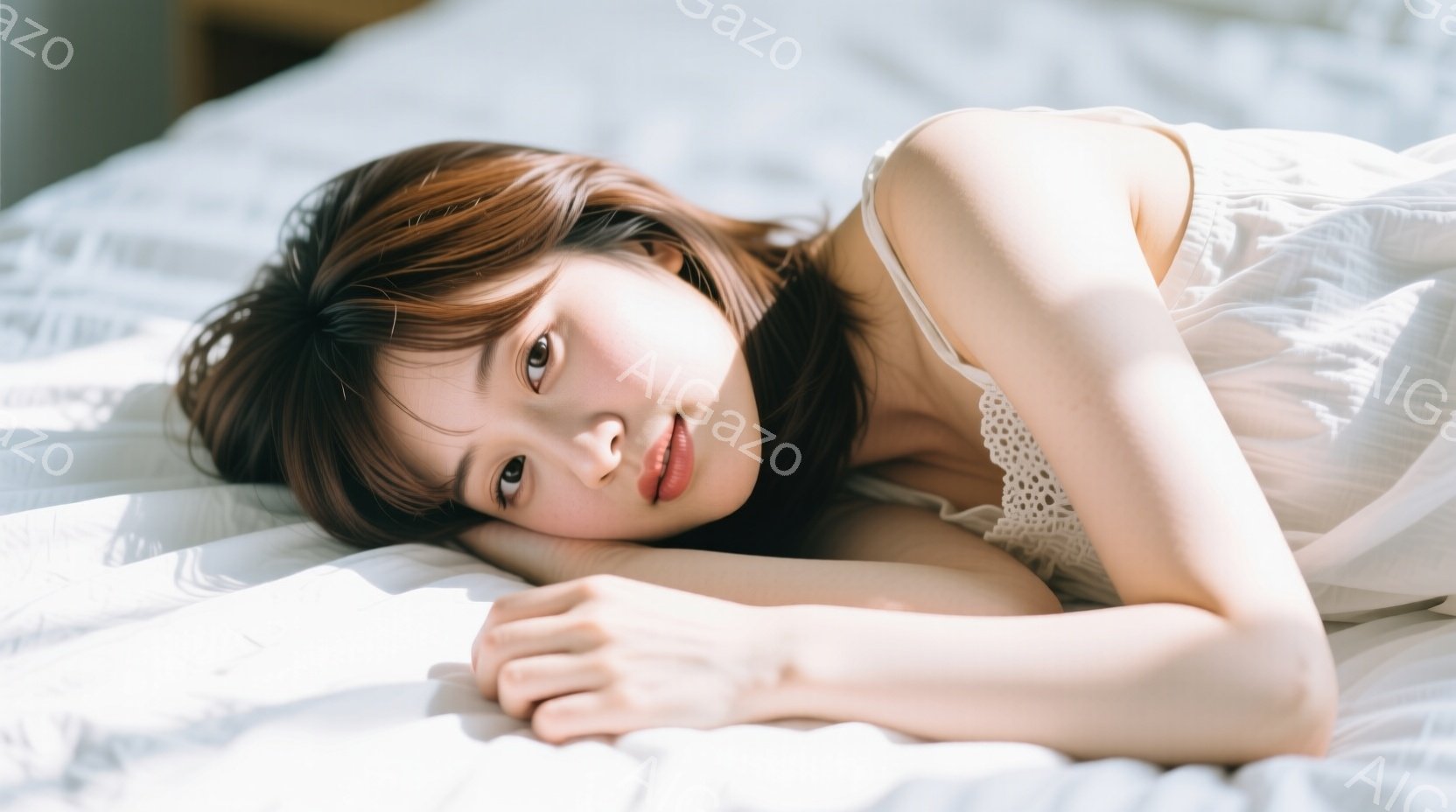 長い茶色の髪をほどこし、白いレースのキャミソールを着た若い女性が、白いシーツの上に横たわっています。彼女はカメラに向かって微笑み、リラックスした表情で、片手を頭の下に添えています。明るい光が差し込み、穏やかで心地よい雰囲気を醸し出しています。