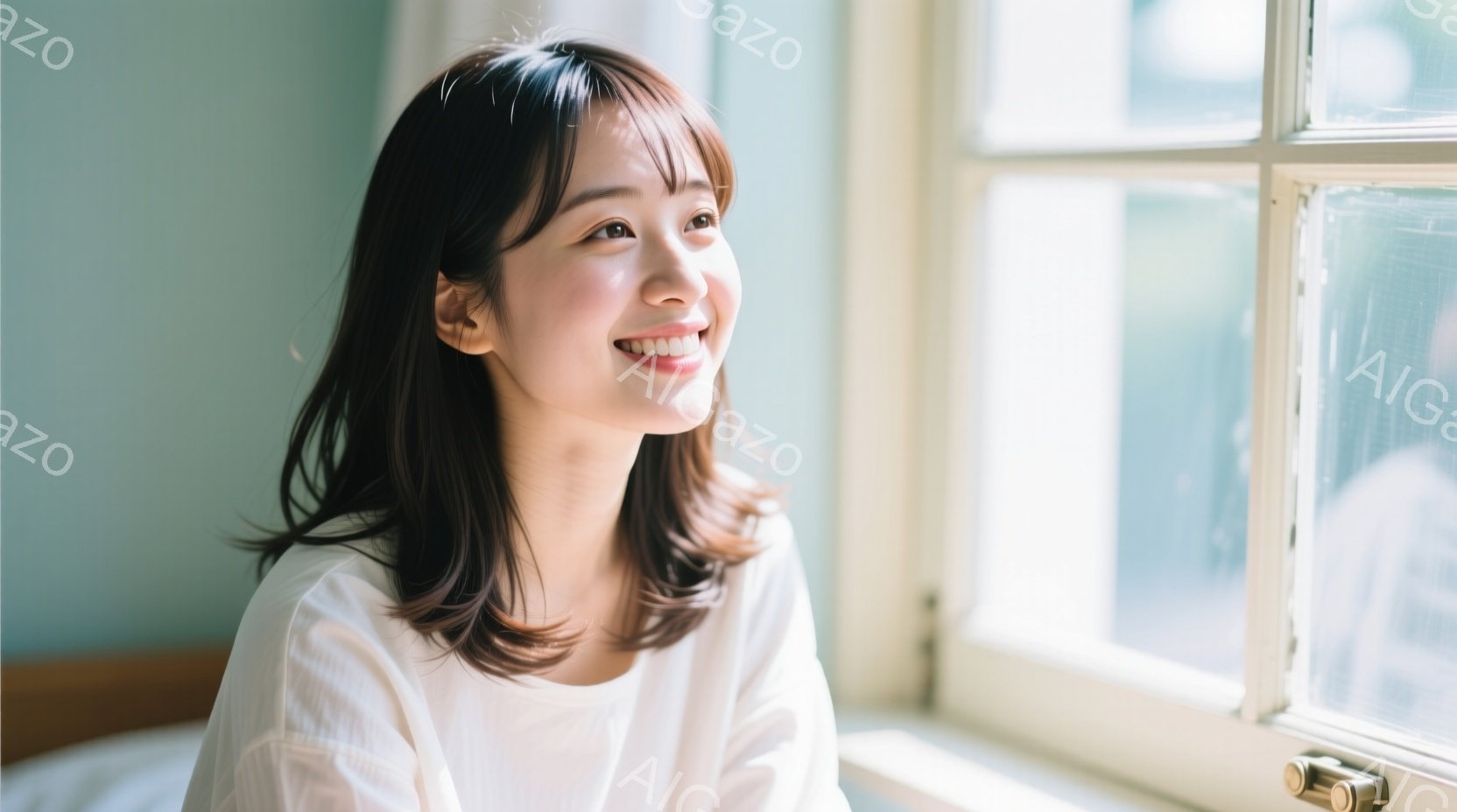 明るい色の背景を背に、若い女性が窓辺に座っています。彼女は白いシャツを着ており、肩までの長さの茶色の髪は少しカールしています。顔には穏やかな笑顔が浮かび、どこかを見つめる優しい表情をしています。