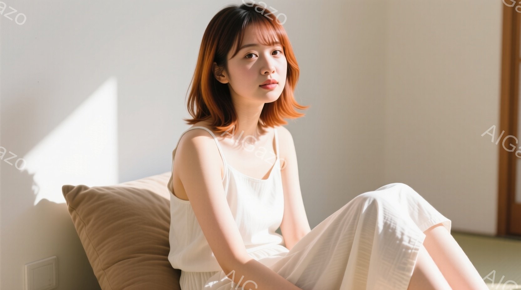 明るい茶髪の女性が、白いタンクトップとゆったりとした白いズボンを身につけて、床に座っています。彼女は穏やかな表情で、少し微笑んでいるように見えます。背景はシンプルな白い壁で、床には影が落ちており、全体的に柔らかく、リラックスした雰囲気です。