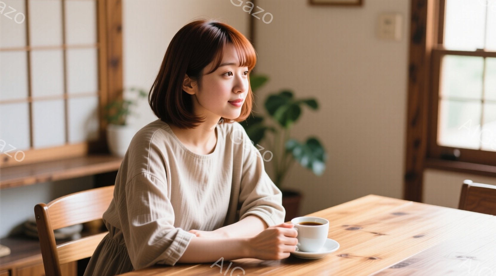 明るい茶色の髪を肩のあたりで切りそろえた女性が、ベージュ色のゆったりとしたワンピースを着ています。彼女はテーブルに肘をつき、カップに入った飲み物を見つめながら、物思いにふけるような表情をしています。背景には木製の家具や観葉植物が見え、自然光が差し込む温かみのある室内で、穏やかな時間が流れている様子が伺えます。