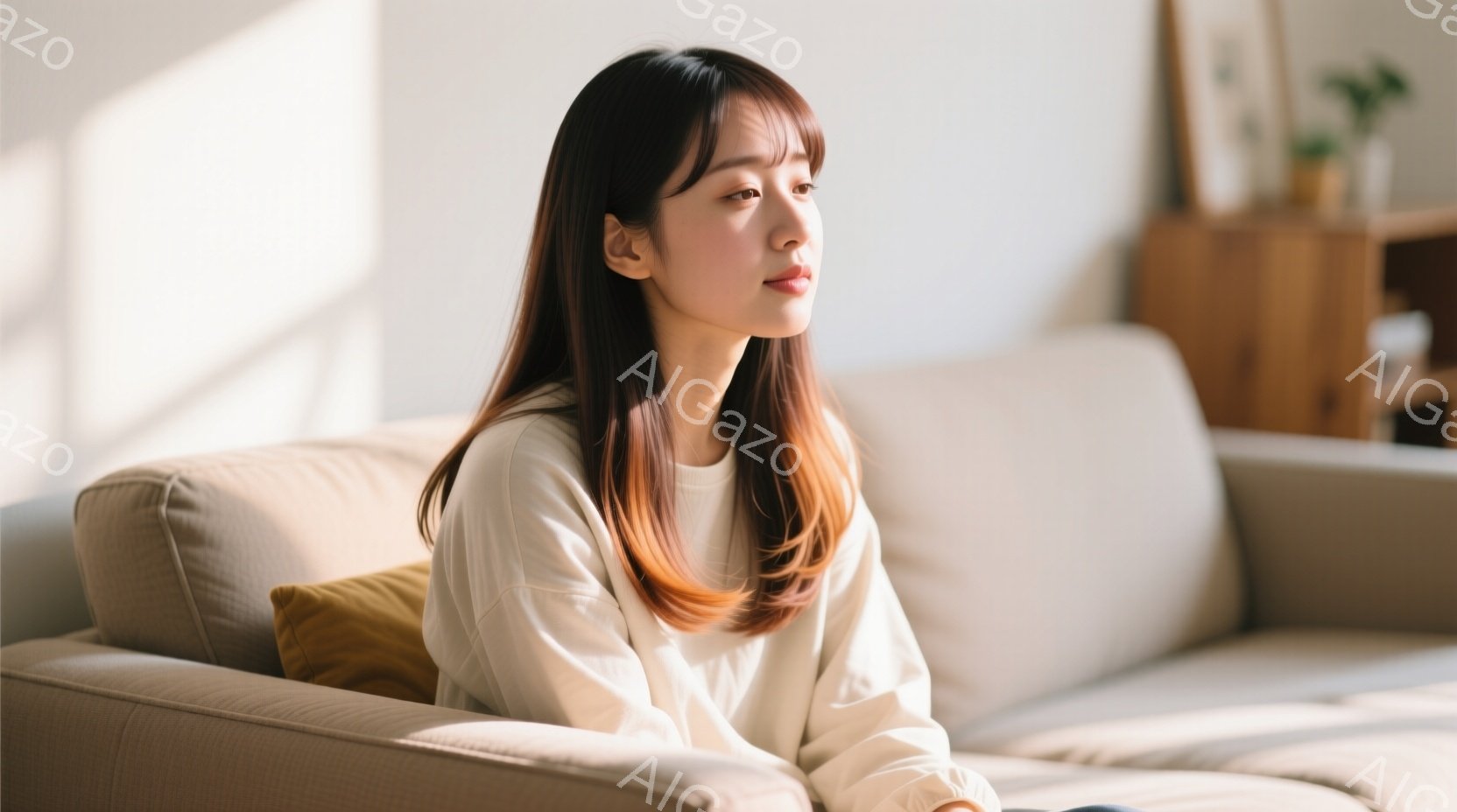 長い茶色の髪をした若い女性が、ベージュ色のソファに座って横を向いています。彼女はクリーム色のセーターを着ており、穏やかで物思いにふけるような表情をしています。背景には木製のキャビネットと植物が見え、明るく穏やかな雰囲気の室内です。