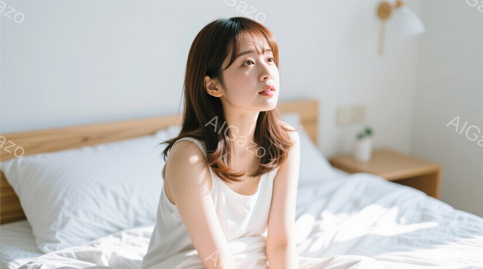 若い女性が白いベッドに座っており、白いタンクトップを着ています。彼女はゆるいウェーブのかかった茶髪で、少し上を見つめて穏やかな表情をしています。背景には木製のナイトテーブルとベッドサイドランプがあり、全体的に柔らかく暖かい雰囲気です。