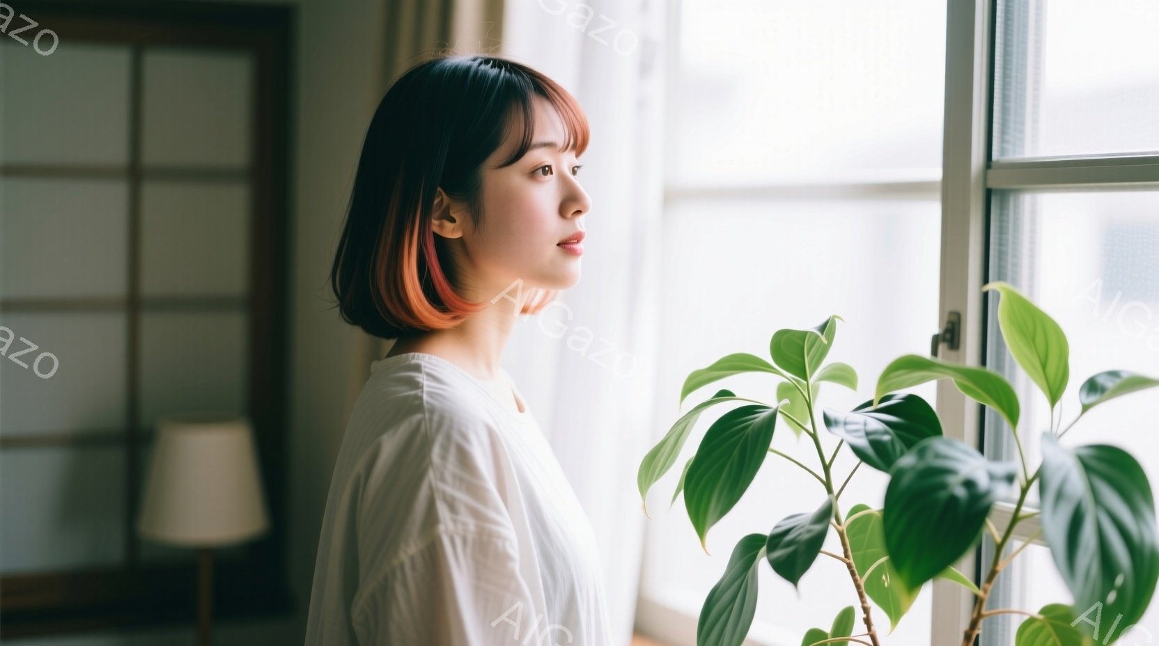 明るい窓辺に立つ女性は、白のブラウスを着ており、オレンジと黒のグラデーションヘアが特徴的です。彼女は横顔で、やや憂いを帯びた表情で遠くを見つめています。背景には植物の緑と、ぼやけた室内と窓の外の建物が見え、穏やかで内省的な雰囲気が漂っています。