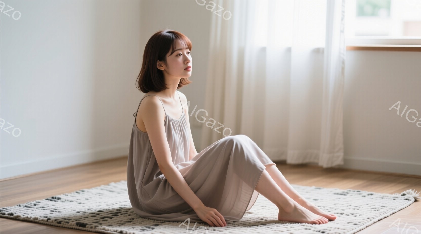 薄いグレーのキャミソールワンピースを着た女性が、白とグレーの織り目のあるラグの上に座っています。彼女は足を組んで座り、少しうつむき加減で物憂げな表情をしています。背景は明るい木の床と白いカーテンで、全体的に穏やかで静謐な雰囲気が漂っています。