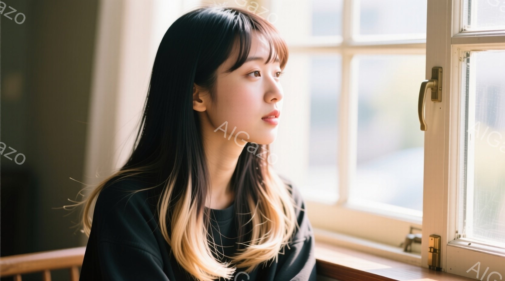 長い黒髪と金髪のグラデーションが印象的な女性が、窓辺に座って外を見つめている。 黒いシンプルなトップスを着ており、やや物憂げな表情をしている。 背景には、白い枠の窓と木製の窓枠が見え、柔らかい光が差し込み、穏やかな雰囲気を醸し出している。