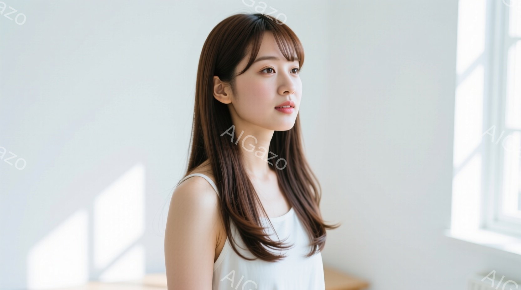 長い茶色の髪を耳にかける若い女性が、白いタンクトップを着て少し横を向いています。彼女の表情は穏やかで、窓からの柔らかい光が彼女を照らしています。背景はぼやけており、部屋の一部が見えるだけで、全体的に優しく、落ち着いた雰囲気が漂っています。