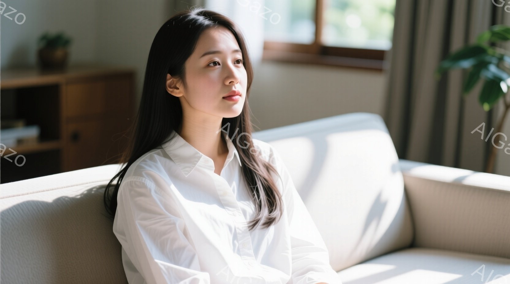 白いシャツを着た女性が、明るいリビングルームのソファに座っています。彼女は長い黒髪で、少し憂いを帯びた表情で遠くを見つめています。背景には木製のキャビネットと窓から差し込む自然光があり、落ち着いた穏やかな雰囲気を醸し出しています。