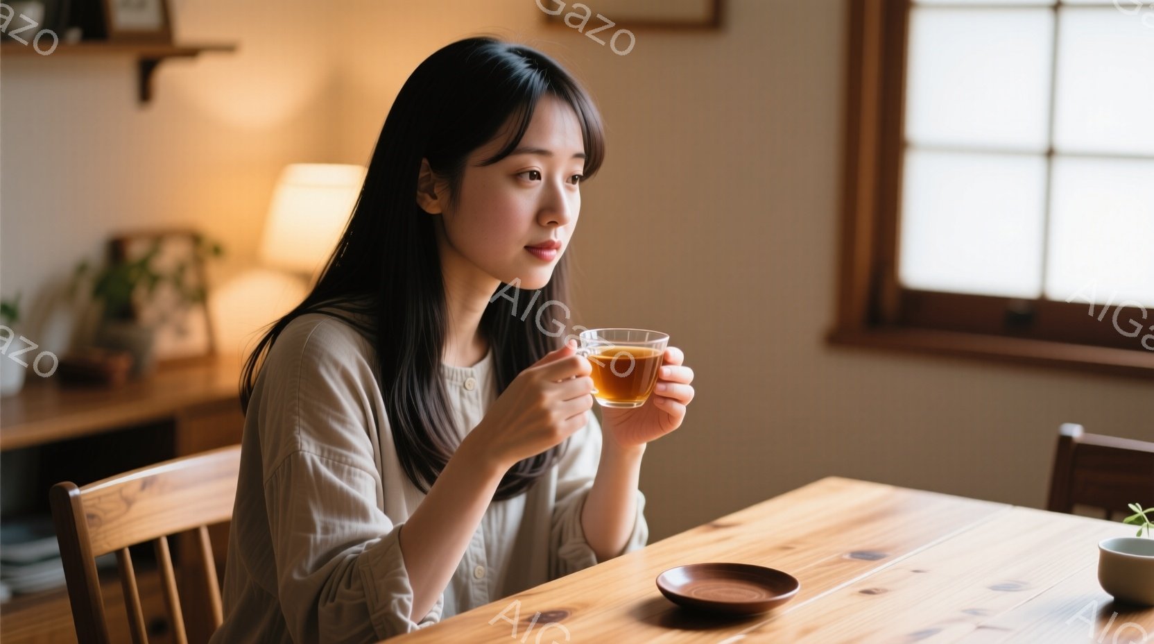 穏やかな光が差し込む室内で、女性が温かい飲み物を手に持っている。彼女はベージュ色のシャツを着ており、長くストレートな黒髪が肩にかかっている。彼女は考え込んでいるような、物憂げな表情で、静かに飲み物を楽 - AI生成フリー素材