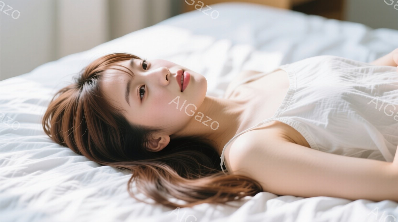 浅いベージュ色のシーツに横たわる若い女性が写っている。彼女は明るい茶色の長い髪をしており、顔はリラックスした表情で、わずかに上を見ている。白いトップスを着ており、柔らかい光が全体を照らし、穏やかで安らぎのある雰囲気を醸し出している。