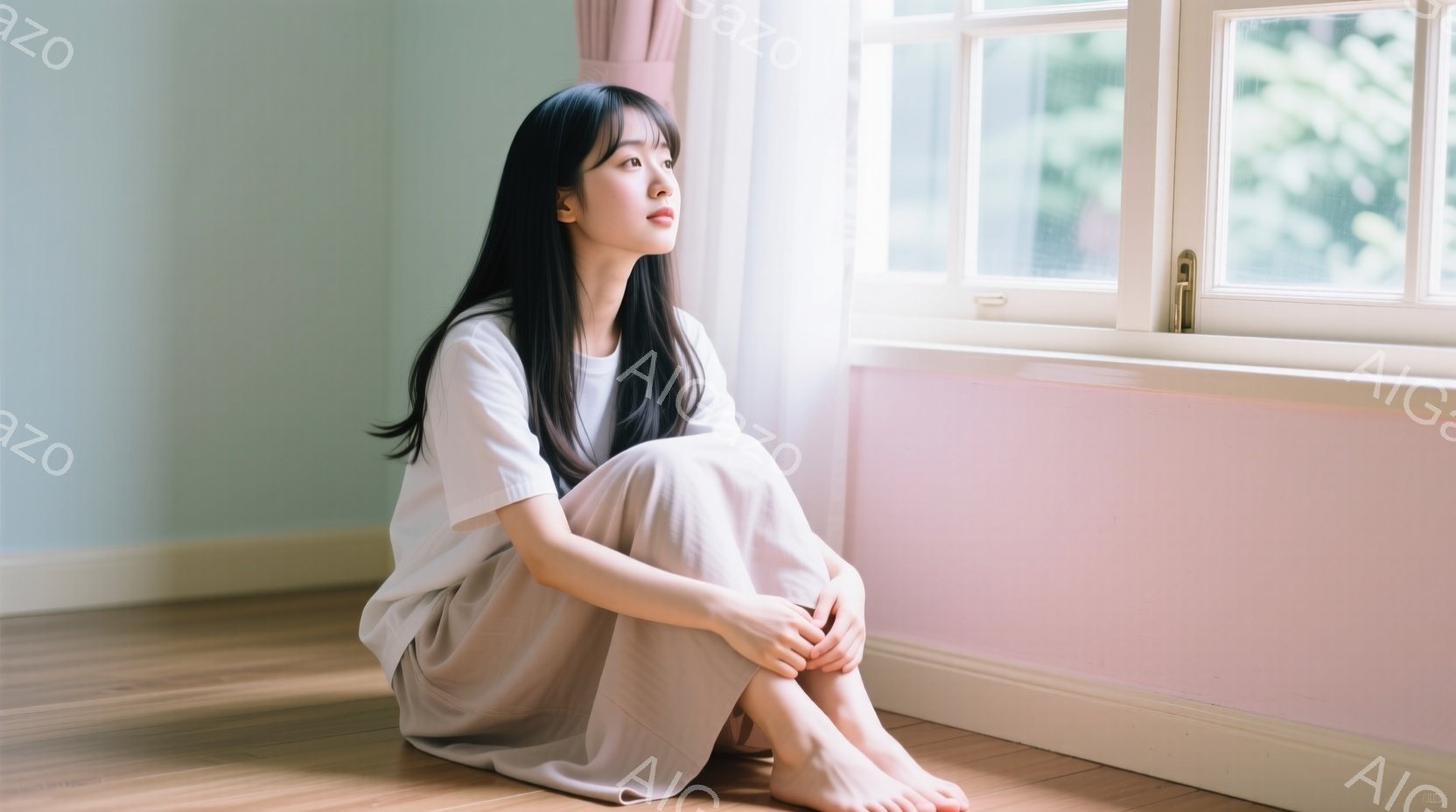 長い黒髪を耳にかける女性が、床に座り、膝を抱えています。白いTシャツと薄いピンク色のゆったりとしたパンツを身に着けており、素足です。窓から差し込む光が明るく、背景の壁は淡いピンク色で、全体的に穏やかで静謐な雰囲気が漂っています。