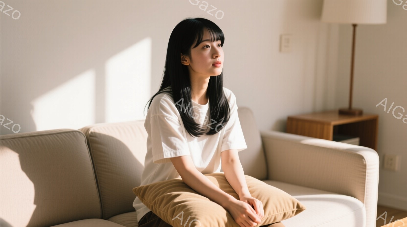 浅いベージュ色のソファに座る若い女性が写っている。黒髪のボブヘアで、白いTシャツを着ており、少し物憂げな表情で遠くを見つめている。背景には木製のサイドテーブルとシンプルな照明があり、部屋全体が穏やかで - AI生成フリー素材