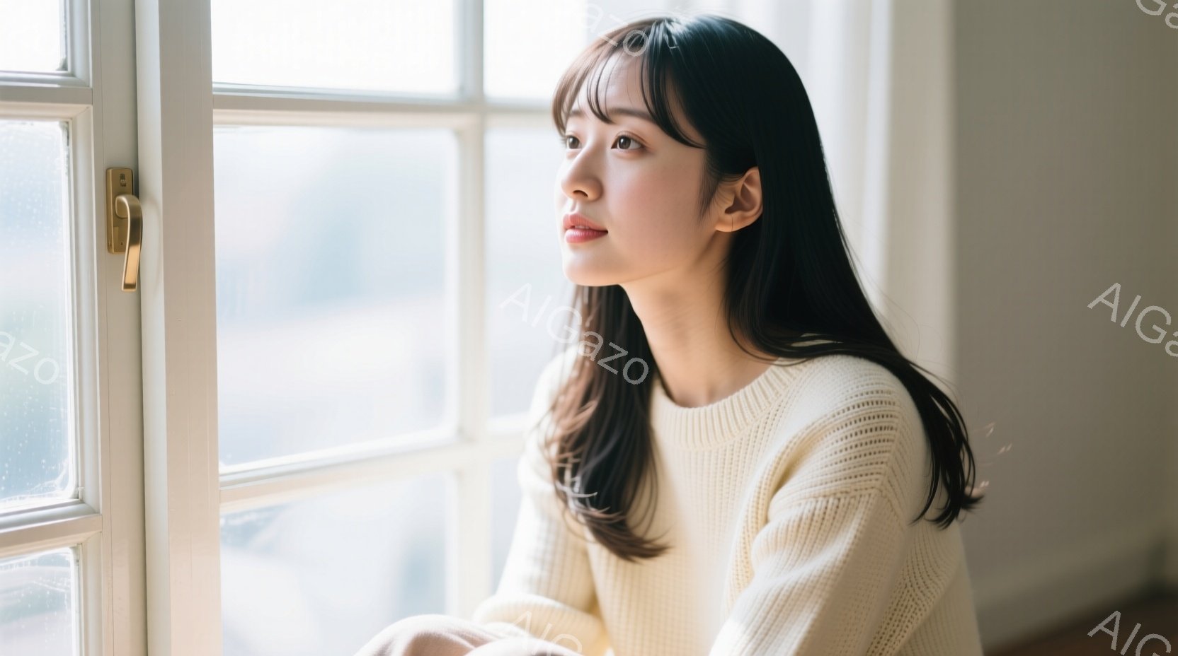 長い黒髪をなびかせた女性が、クリーム色のざっくりとしたニットを着て窓の外を見つめている。彼女の表情は穏やかで、少し物憂げな様子が伺える。窓の外にはぼやけた風景が広がり、柔らかい光が差し込んでいる。