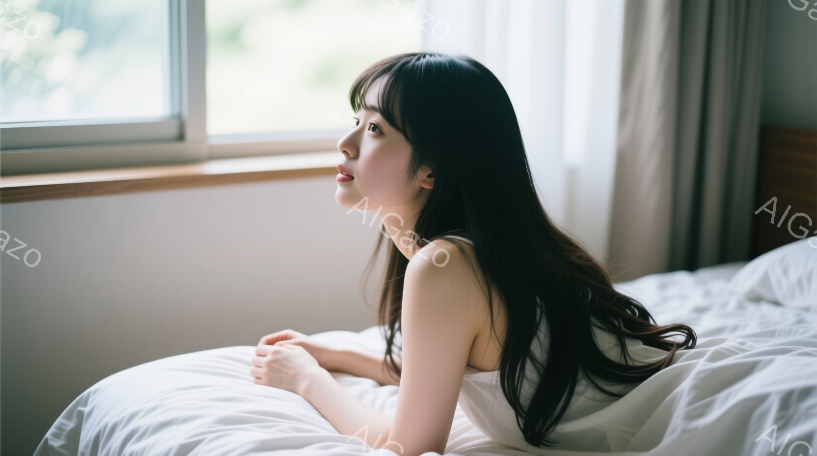 長い黒髪の女性が白いベッドに横たわっています。彼女は白いシャツを着ており、リラックスした表情で遠くを見つめています。背景には窓が見え、柔らかな光が差し込み、穏やかで夢幻的な雰囲気を醸し出しています。 - AI生成フリー素材