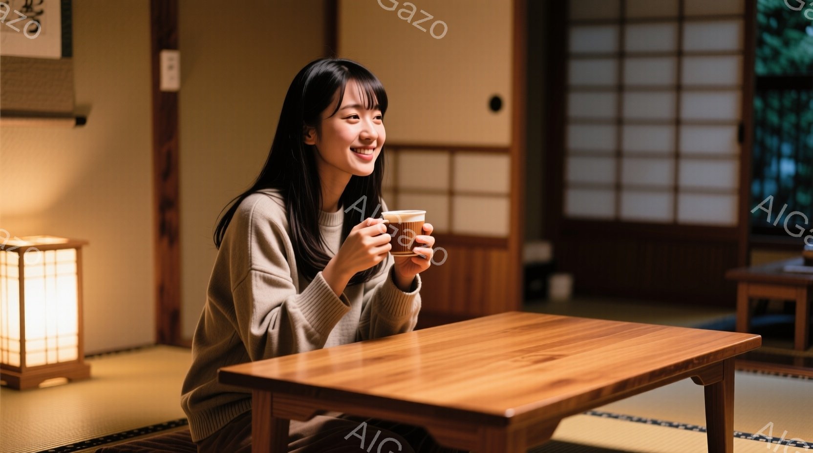 画像には、座敷で微笑みながら湯呑を持つ女性が写っています。彼女はベージュ色のセーターを着ており、長い髪を後ろでまとめています。背景には畳と障子、そしてぼんやりと見える庭があり、温かく穏やかな雰囲気を醸し出しています。