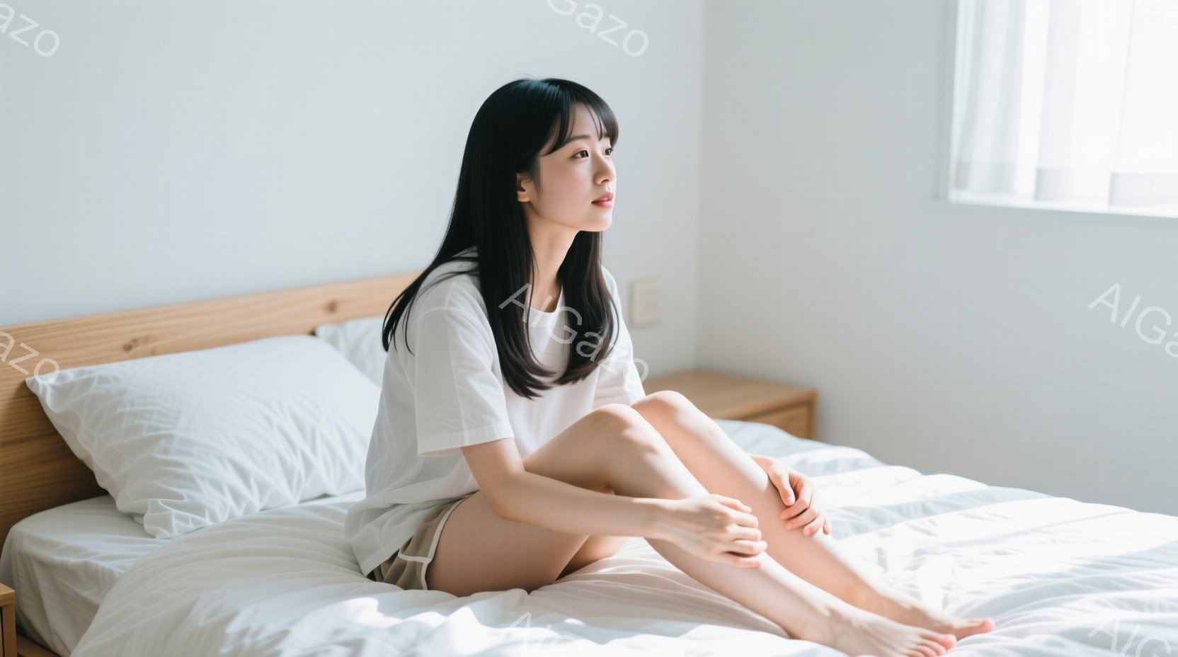 ベッドに座っている若い女性が写っている。白いTシャツと短パン姿で、足を組み、少し物思いにふけるような表情をしている。背景はシンプルな寝室で、窓から差し込む光が柔らかい雰囲気を醸し出している。