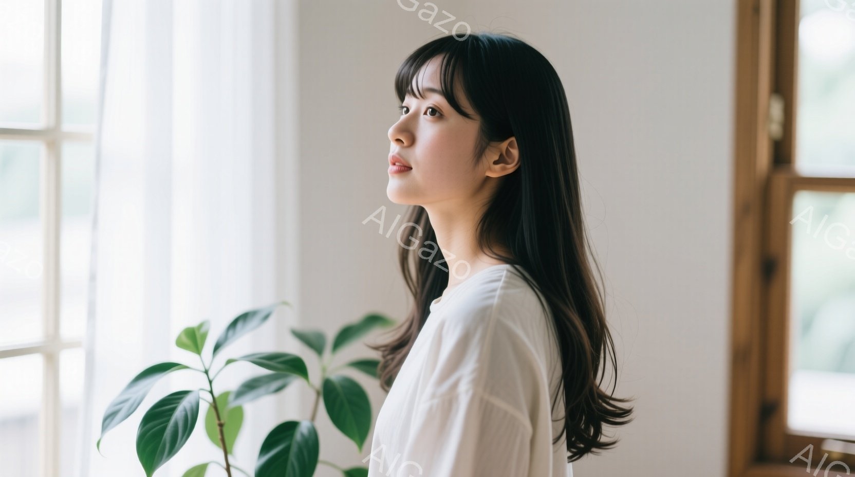 黒髪で前髪が少し長めの女性が、白いシャツを着て横を向いています。彼女は窓辺に立ち、少し憂いを帯びた表情で遠くを見つめており、光が柔らかく彼女を照らしています。背景には窓枠と緑の葉っぱが見え、全体的に穏やかで内省的な雰囲気が漂っています。