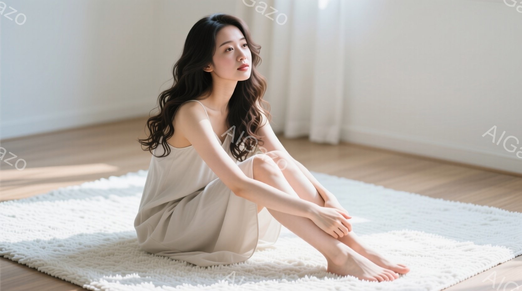 長い髪をなびかせ、薄いベージュのキャミソールワンピースを着た女性が、白いふわふわのラグの上に座っている。彼女は足を組んで座り、穏やかな表情で遠くを見つめている。背景は明るい木製の床と白いカーテンで、全体的に柔らかく、静かで、リラックスした雰囲気を醸し出している。