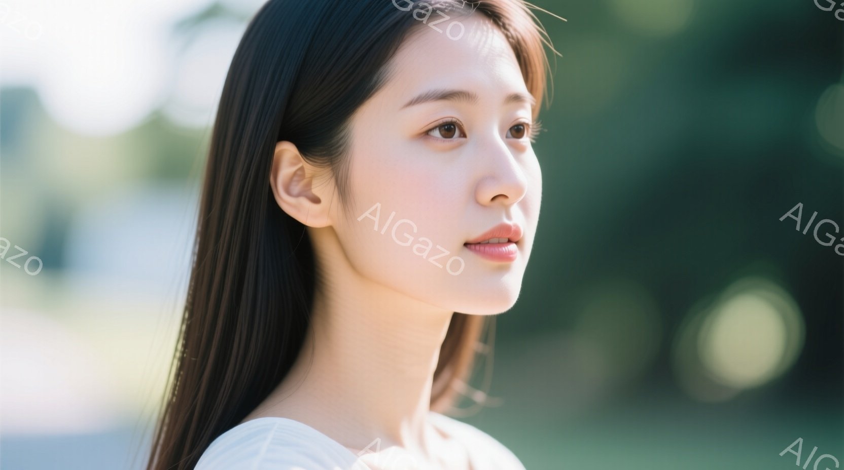 長い黒髪をなびかせ、白い肩出しのトップスを着た若い女性が写っている。彼女は少し横を向き、遠くを見つめるように微笑んでいる。背景は緑豊かな木々で、穏やかで柔らかな光が彼女を照らし、全体的に優しい雰囲気を醸し出している。