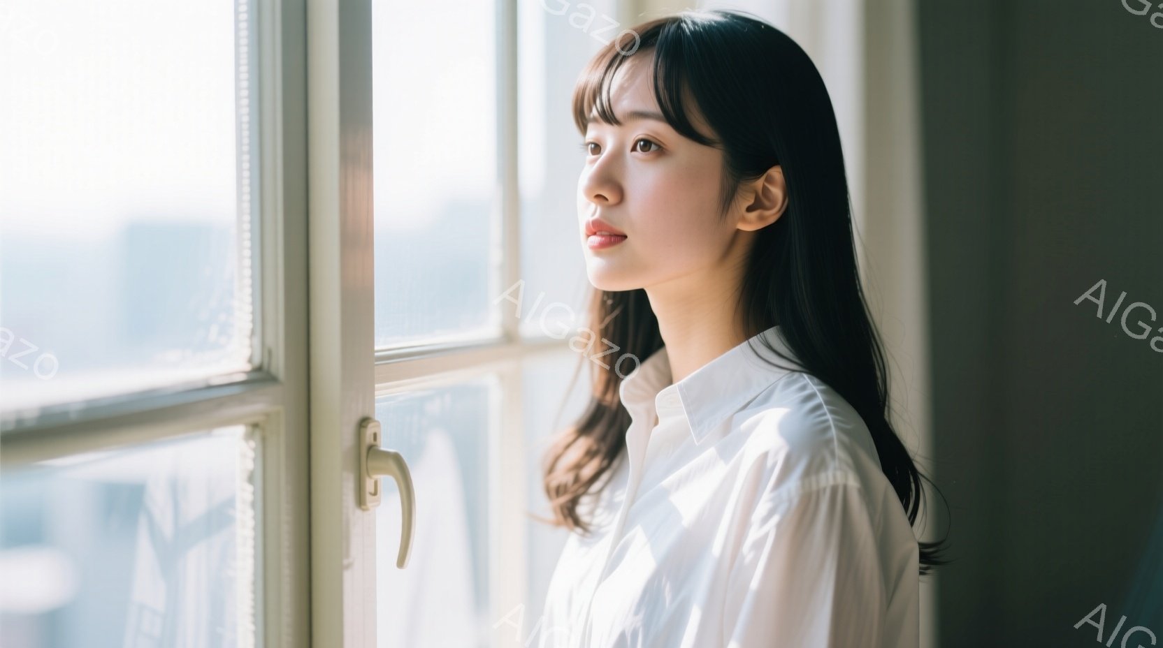 長い黒髪をセンターパートにした女性が窓辺に立っている。白いシャツを着ており、憂いを帯びた表情で遠くを見つめている。背景にはぼやけた都市の風景が広がり、穏やかで静寂な雰囲気を醸し出している。