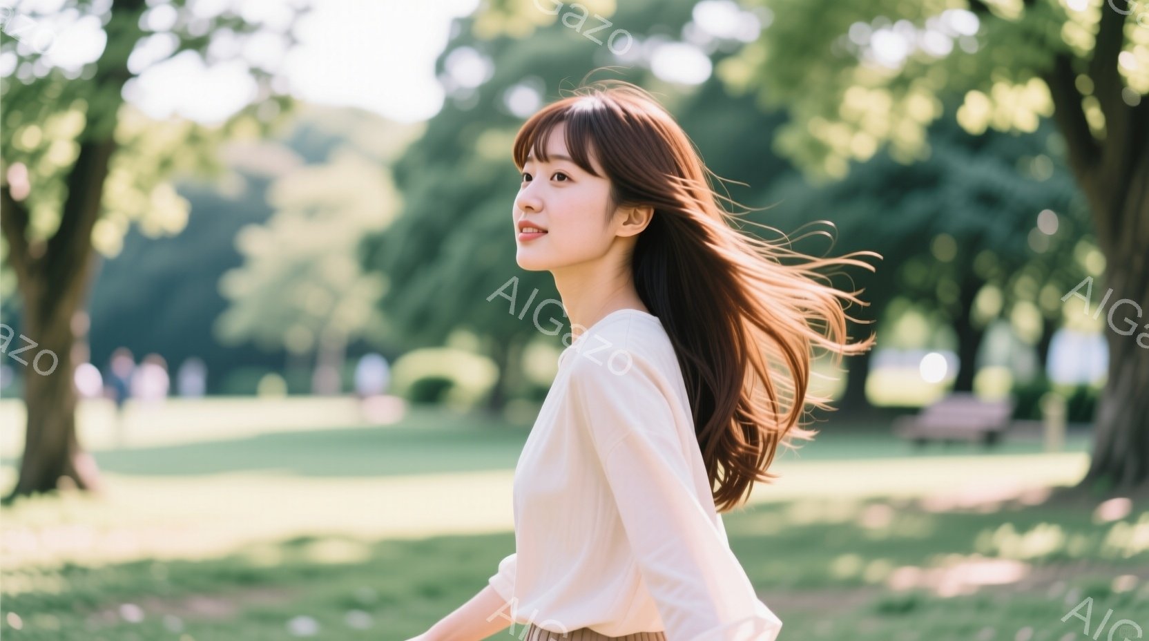 長い茶色の髪を風になびかせながら、白いブラウスを着た女性が公園を歩いている。彼女は横を向き、どこかを見つめるような表情をしており、穏やかで優しい雰囲気が漂っている。背景には緑豊かな木々と芝生、そしてぼんやりとしたベンチが見え、晴れた日の暖かい午後のような印象を受ける。
