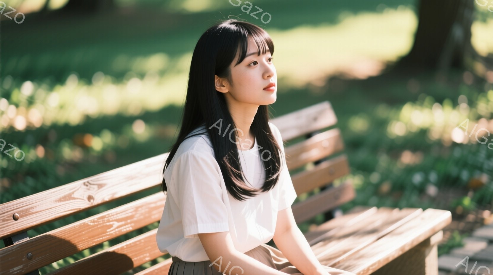 黒髪で前髪ぱっつんの女性が、木製のベンチに座って横を向いています。白いTシャツとグレーのスカートを着用し、どこか物憂げな表情をしています。背景は緑豊かな自然で、木漏れ日がベンチに差し込み、穏やかで静寂な雰囲気を醸し出しています。